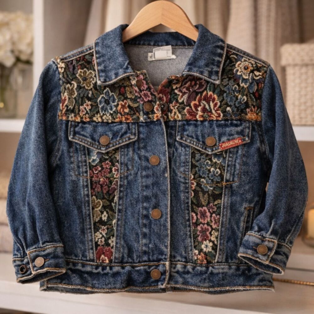 Vintage Jordache Girls 5 Denim Jacket 100% Cotton Floral Embroidery Retro Boho
